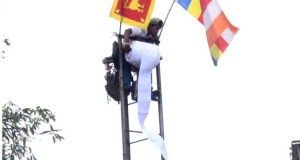 ගසකට නැඟ විරෝධතා කළ පුද්ගලයා කුළුණකට නගී